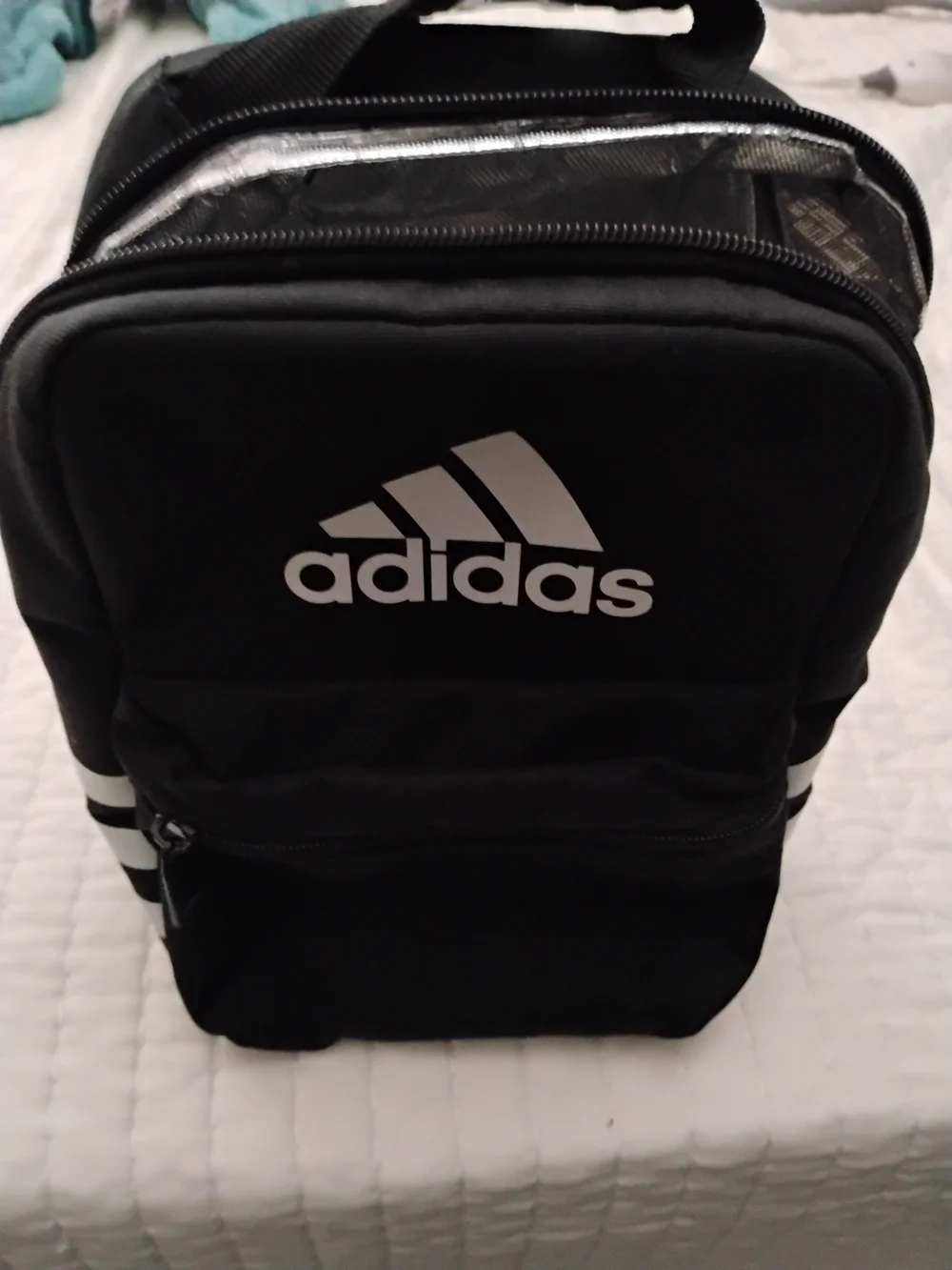 adidas Black and White Logo Backpack with Front Zip Pocket